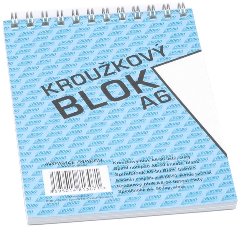 Blok kroužkový s horní spirálou BOBO A6 čistý, 50 listů