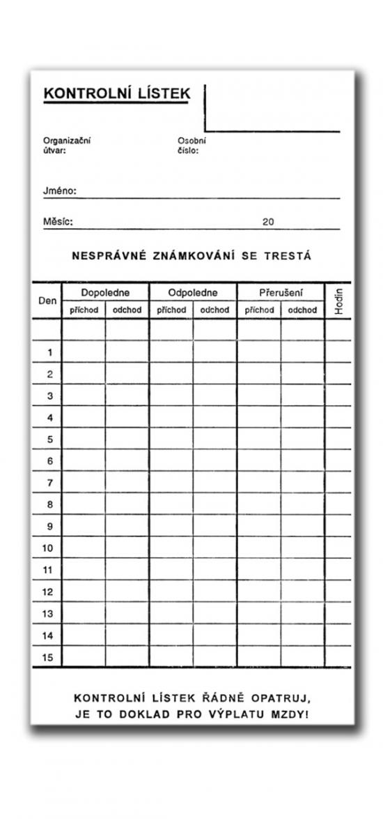 Docházkový lístek - píchačka 90 x 190 mm