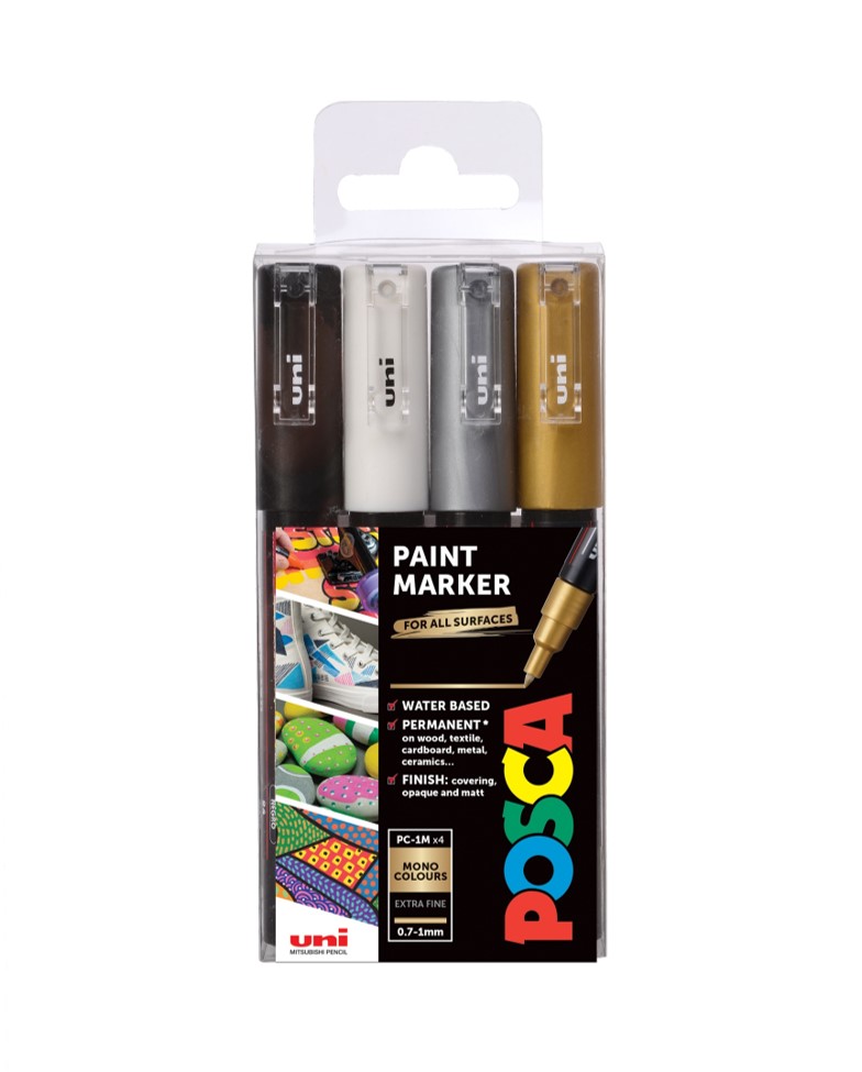 Popisovač akrylový POSCA PC-1M zlatý, stříbrný, černý, bílý 0,7 - 1mm / 4ks