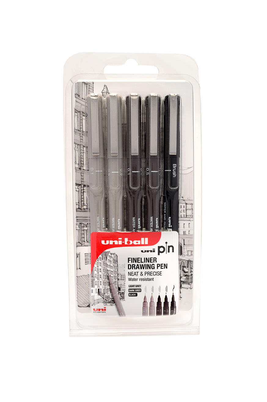 Popisovač PIN LINER sada 5ks (sv.šedá 0,1a 0,5 + tm.šedá 0,5 + šedá 0,5 + štětec černý)